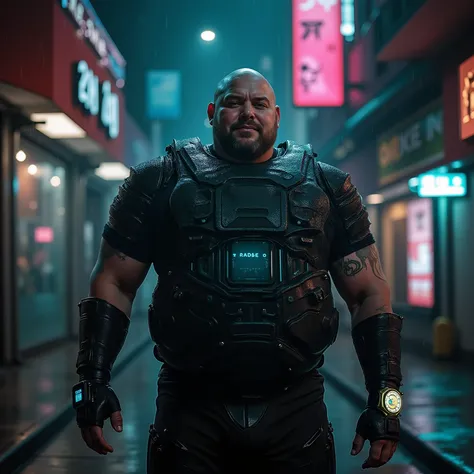 a wide angle portrait of a 350 pound extremely heavy weight muscular man in his late 40s, wearing a heavy shiny black rubber tactical vest with glowing cyan piping over a dark green armored bodysuit made of thick vinyl, standing confidently in a rain-slick...