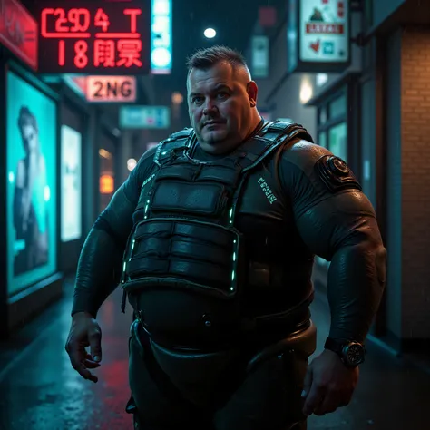a wide angle portrait of a 350 pound extremely heavy weight muscular man in his late 40s, wearing a heavy shiny black rubber tactical vest with glowing cyan piping over a dark green armored bodysuit made of thick vinyl, standing confidently in a rain-slick...