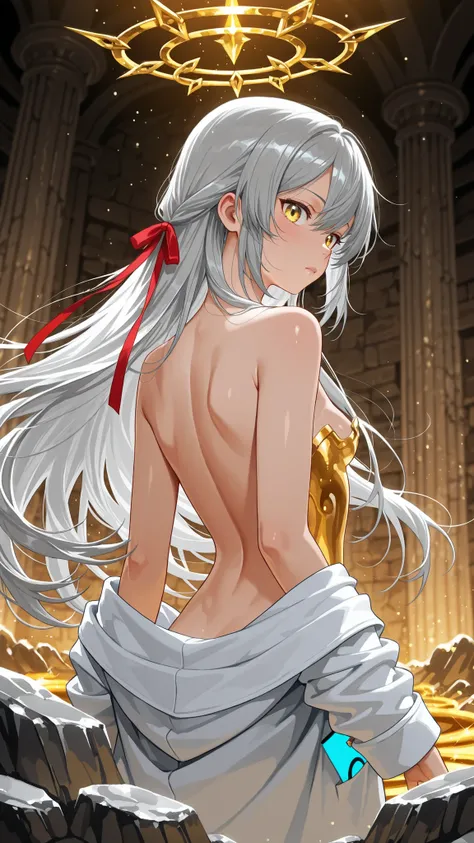 8K (high definition) (Super Detailed)　(masterpiece)　(Highest Quality)　Anime illustration　detailed eyes　detailed face　Feminine Detailed Hand　Delicate hair　detailed wrinkles on clothes　with fine skin　detailed background　solo　yellow eyes　(Grey Hair)　Long hair...
