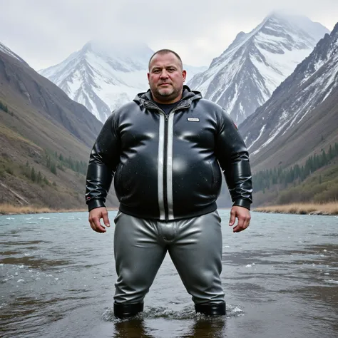 a wide angle image of a 500 pound extremely obese man wearing a shiny polished latex jacket that is black with a shining silver stripe up the middle of the jacket, the man wears silver latex pants, the man wears black rubber boots, he stands in a shallow r...
