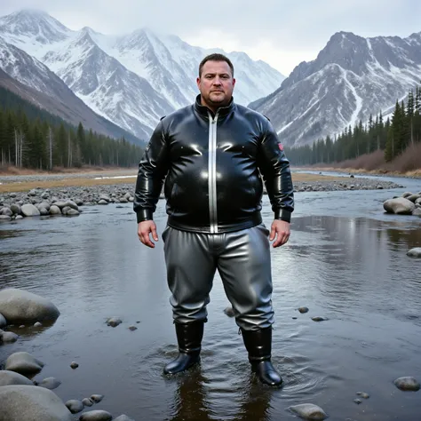 a wide angle image of a 500 pound extremely obese man wearing a shiny polished latex jacket that is black with a shining silver stripe up the middle of the jacket, the man wears silver latex pants, the man wears black rubber boots, he stands in a shallow r...