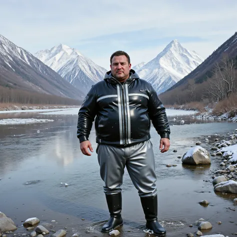 a wide angle image of a 500 pound extremely obese man wearing a shiny polished latex jacket that is black with a shining silver stripe up the middle of the jacket, the man wears silver latex pants, the man wears black rubber boots, he stands in a shallow r...