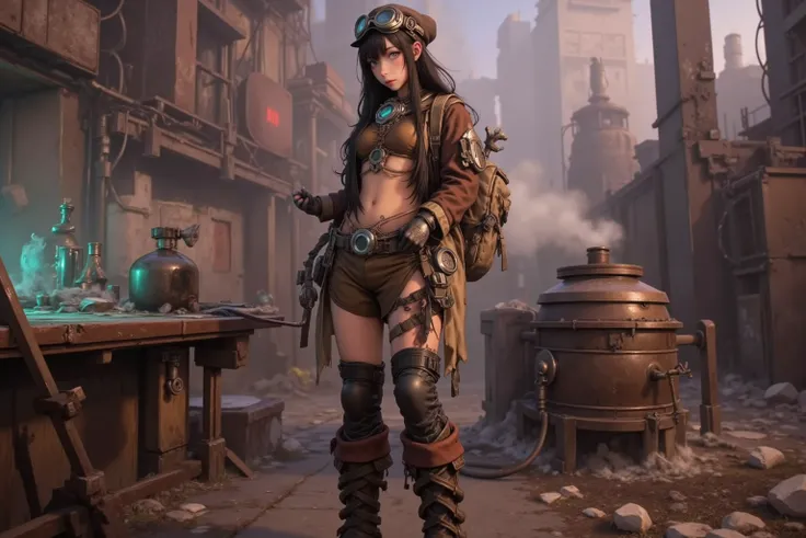 cute alchemist (dingy and dirty, sexy wastelander drab brown outfit, goggles in hair, leather cap, long wild hair, big sturdy boots, fingerless gloves, alchemists backpack) she is setting up a alchemy workspace wih glowing potions and a distillery with a s...