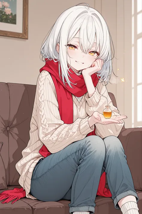 A young woman in her early twenties with long, pristine white hair and honey-amber eyes, with an innocent, caring smile. She has a fragile but elegant build, porcelain skin with a subtle inner glow. She is wearing an oversized, soft beige knitted sweater, ...