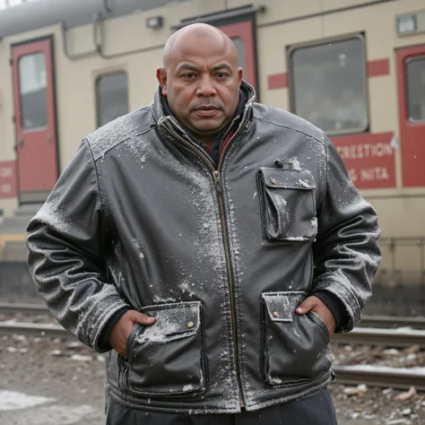a full-figured body 58 year old black man with massive arms and belly, wearing a snowicecovered snow and ice covered black leather 1960s motorcycle jacket brit1960smoto that has heavy wrinkles dust spots and grime from age, the man stands outside of a snow...
