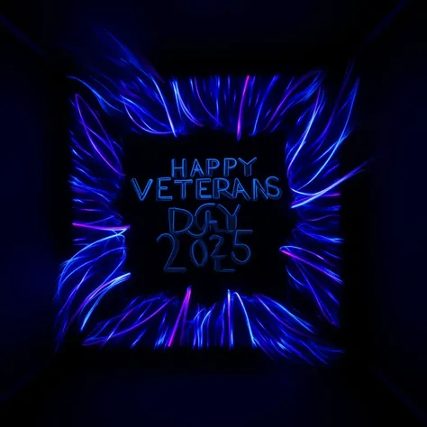 zavy-lghttrl, in a darkened room light trails travel from lasers through mirrors and prisms, the lasers all meet inside of a black box to spell "Happy Veterans Day 2025"