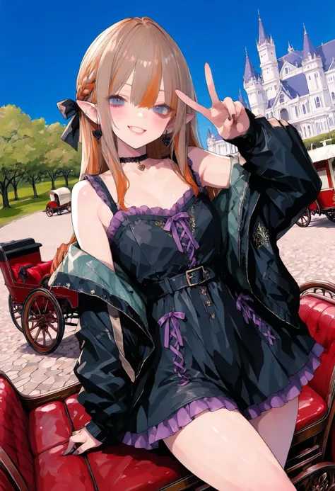 brown hair,shortcuts,unkempt hair,Short braided hair,Neat,スレンダー美people,correct attitude,small breasted,beautiful legs,The enchanting gray-blue eyes are shining like stars,Saggy Eyes,bright color,beautiful eyes,A delicate smile,cowboy shot、gothic parade、(((...