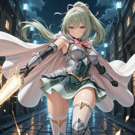 girl solo , (masterpiece, detailed:1.2), (best quality, ultra-detailed, highres, cinematic lighting, dynamic composition), anatomical perfect,
a beautiful magical warrior girl fighting in the middle of a city at night,
she wields a long glowing magic la...