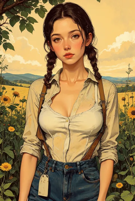 A busty farm girl, (art by Norman Rockwell). Farmer's daughter, (full chest), large breasts. A detailed portrait of a young woman. Realistic, highly detailed facial features, expressive eyes, subtle expression, blushing, looking at the viewer, round face, ...