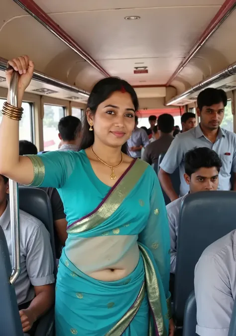 Inside a crowded bus, a woman stands, dressed in an elegant teal saree with gold accents. Her attire is complemented by gold bangles and a necklace, adding a touch of traditional elegance. Her left arm is raised, gripping an overhead support strap, indicat...