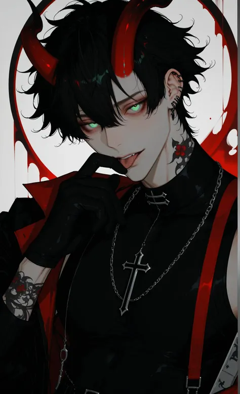 Edge_crimson,masterpiece, newest, absurdres, safe Solo, high detailed, male, handsome, jet black hair, sharp green eyes, dragon horns, upper body, white background