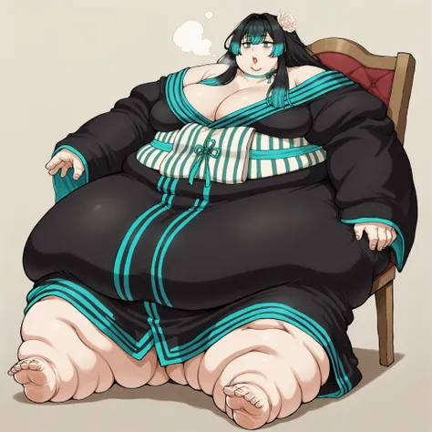 long hair, hair intakes, multicolored hair, black hair, aqua hair, green eyes, hair flower, bags under eyes, off shoulder, black kimono, aqua trim, ribbon choker, aqua choker, sash, sleeves past wrists, fat, chubby, obese, fat neck, multiple chins, big bre...