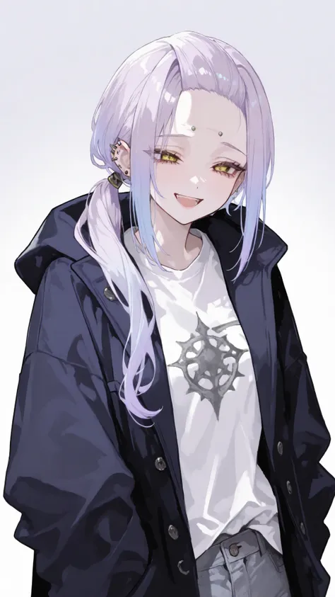 girl,laughing , open mouth,smile,light purple hair blue highlights,standing,white shirt,MULTILAYER BLACK HOODED COAT,Trousers, punker , yellow eye,piercing ears,White Highlight Hair,White gradient hair,Rockers,milf,Ponytail Forehead,Upper Body Shape