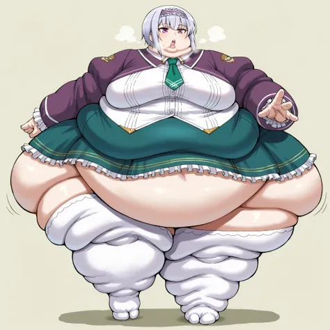linze silhoueska, short hair, hairband, aqua eyes, purple eyes, frilled hairband, medium breasts,
skirt, thighhighs, white thighhighs, puffy sleeves, white shirt, necktie, green necktie, purple sleeves, green skirt, frilled skirt, fat, chubby, obese, fat n...