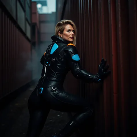 Dusk in an industrial port town, a woman in her 30s wearing a sleek black and electric blue armored leather suit with visible hydraulics on the shoulders and arms, the suit has polished metallic accents and subtle orange glow, she is leaning against a rust...