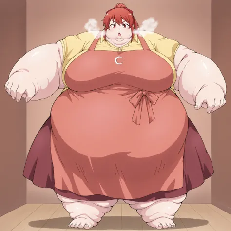 mikaisksmpn, red eyes,
 addmicrodetails, fat, chubby, obese, fat neck, multiple chins, big breasts open mouth, out of breath, Larger female, full body shot, only head, large head, oversized limbs, large hands, large feet, oversized feet, oversized fingers,...