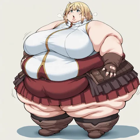 source_anime,  emma brightness, short hair, blue eyes, blonde hair, hair ornament, hairclip, large breasts, skirt, gloves, boots, sleeveless, socks, fingerless gloves, red skirt, brown footwear, brown gloves, fat, chubby, obese, fat neck, multiple chins, b...