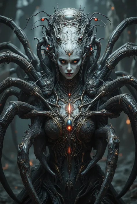 "realistic spider queen, female humanoid upper body fused with monstrous spider legs, dark chitin armor, bioluminescent red eyes, multiple eyes on forehead, pearl white and golden and crimson tones, highly detailed organic textures, sinister expression, fa...