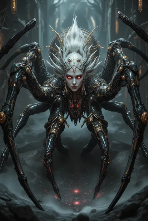 "realistic spider queen, female humanoid upper body fused with monstrous spider legs, dark chitin armor, bioluminescent red eyes, multiple eyes on forehead, pearl white and golden and crimson tones, highly detailed organic textures, sinister expression, fa...
