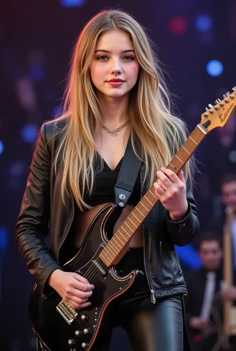 Very pretty teenage girl with blond hair as a rock singer, plays the guitar very cool on a very big and super epic stage, super cool rocker costume, 