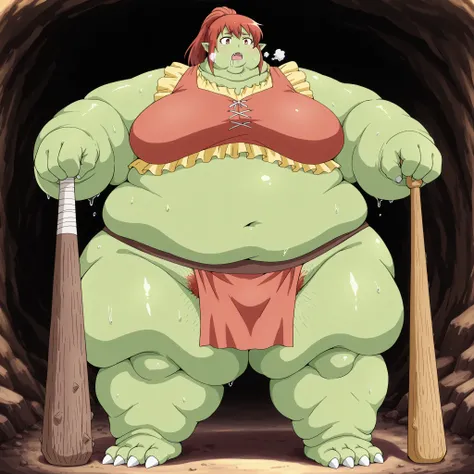 mikaisksmpn, red eyes,
 addmicrodetails, Becoming a orc, monster, Orc, Female Orc, green skin, tusks, Orc, fangs, 1girl, fabric clothes, loincloth, blank_stare, empty_stare, fat, chubby, obese, gigantic arms and legs, large breasts, sweating, wet body, swo...