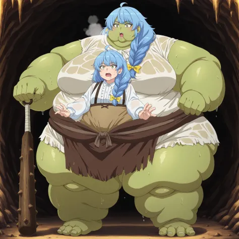 aparida rain, long hair, bangs, green eyes, blue hair, yellow eyes, braid, ahoge, hair bow, grey eyes, single braid, yellow bow, braided ponytail, mature female, small breasts, anime screencap, Becoming a orc, monster, Orc, Female Orc, green skin, tusks, O...