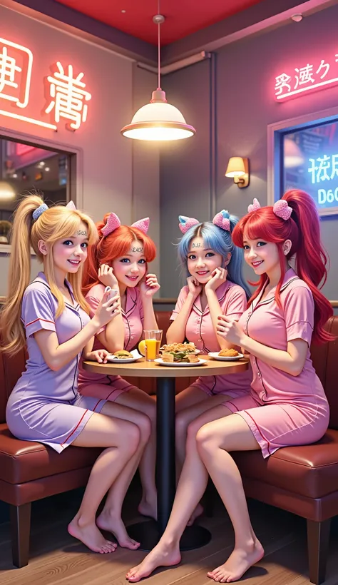highdefinition images, realistic of potrait from dslr HD、4 people from Sailor Moon are having a pajama party、4 people are having a party at a hamburger shop