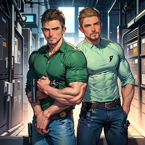 vpl,vpl,1 man, male focus solo,45 yo man, (((Stephen AMELL as private investigator))), lean muscle, open blue shirt, marine blue jeans with brown belt ,( bulge), full body shot, dark blond short hair, BLUE GREEN EYES , well groomed facial hair, (((( HANDS...