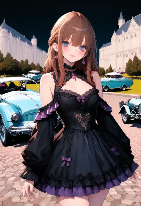 brown hair,shortcuts,unkempt hair,Short braided hair,Neat,スレンダー美people,correct attitude,small breasted,beautiful legs,The enchanting gray-blue eyes are shining like stars,Saggy Eyes,bright color,beautiful eyes,A delicate smile,cowboy shot、gothic parade、(((...