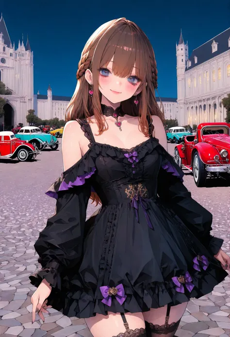 brown hair,shortcuts,unkempt hair,Short braided hair,Neat,スレンダー美people,correct attitude,small breasted,beautiful legs,The enchanting gray-blue eyes are shining like stars,Saggy Eyes,bright color,beautiful eyes,A delicate smile,cowboy shot、gothic parade、(((...