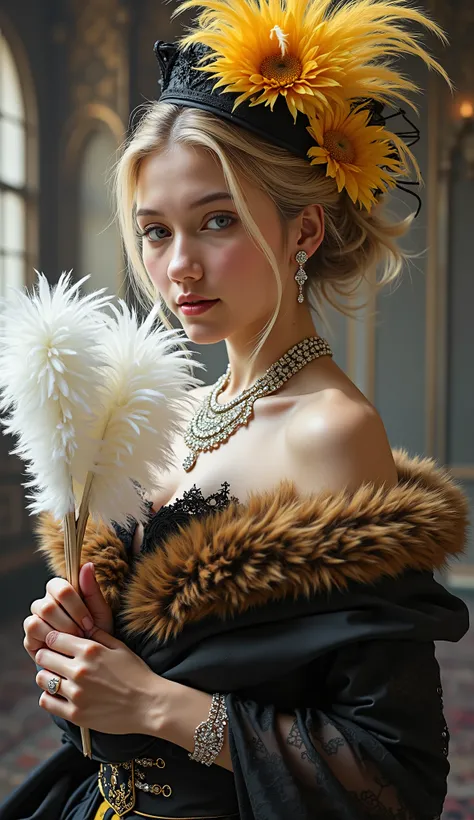 ((premium)), ((masterpiece)), (details) waist-length blonde hair、 black eyes、Gothic Fantasy 、smile、delicate body、Asahi, big , diamond earrings, Female in her 20s, shiny hair, European dress , long hair, yellow dress , gradient hair, leopard fur shawl、...