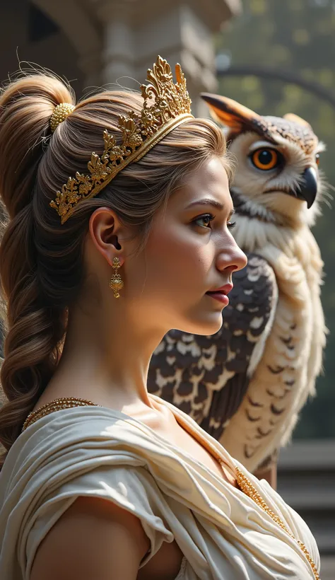 Greek goddess Athena side profile、Owl as background