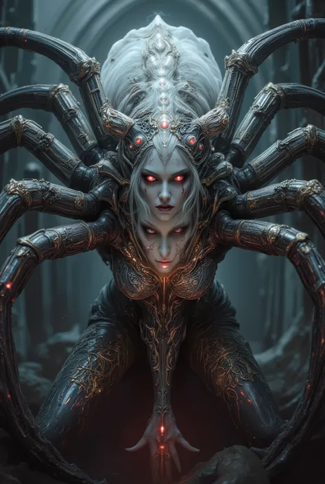 "realistic spider queen, female humanoid upper body fused with monstrous spider legs, dark chitin armor, bioluminescent red eyes, multiple eyes on forehead, pearl white and golden and crimson tones, highly detailed organic textures, sinister expression, fa...