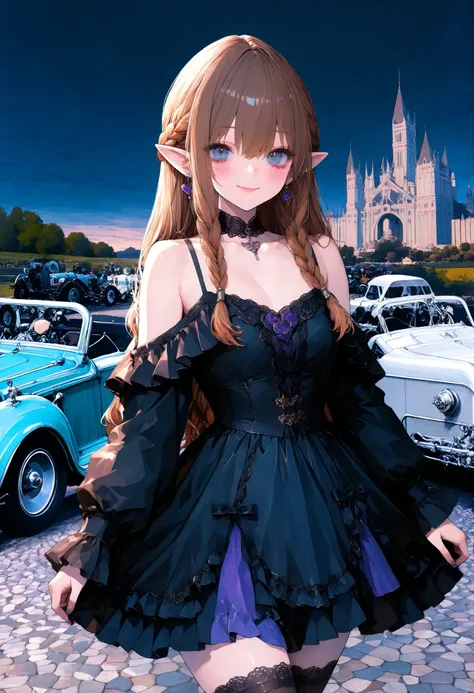 brown hair,shortcuts,unkempt hair,Short braided hair,Neat,スレンダー美people,correct attitude,small breasted,beautiful legs,The enchanting gray-blue eyes are shining like stars,Saggy Eyes,bright color,beautiful eyes,A delicate smile,cowboy shot、gothic parade、(((...