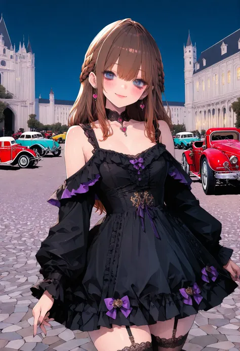 brown hair,shortcuts,unkempt hair,Short braided hair,Neat,スレンダー美people,correct attitude,small breasted,beautiful legs,The enchanting gray-blue eyes are shining like stars,Saggy Eyes,bright color,beautiful eyes,A delicate smile,cowboy shot、gothic parade、(((...