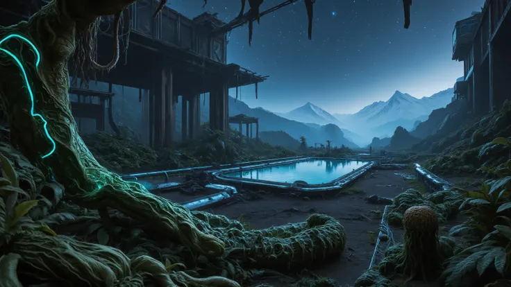 Lush bioluminescent jungle consuming the ruins of an advanced civilization on a forgotten planet, twisted alien flora with glowing veins, abandoned research station overtaken by strange organic growth, pools of reflective liquid capturing starlight, distan...