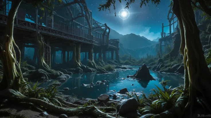 Lush bioluminescent jungle consuming the ruins of an advanced civilization on a forgotten planet, twisted alien flora with glowing veins, abandoned research station overtaken by strange organic growth, pools of reflective liquid capturing starlight, distan...