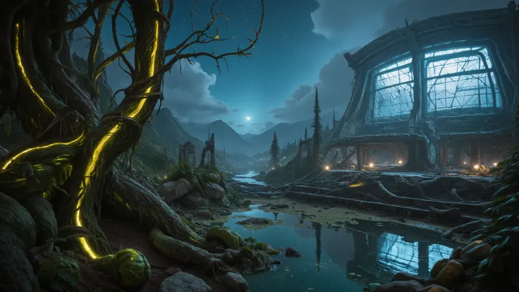 Lush bioluminescent jungle consuming the ruins of an advanced civilization on a forgotten planet, twisted alien flora with glowing veins, abandoned research station overtaken by strange organic growth, pools of reflective liquid capturing starlight, distan...