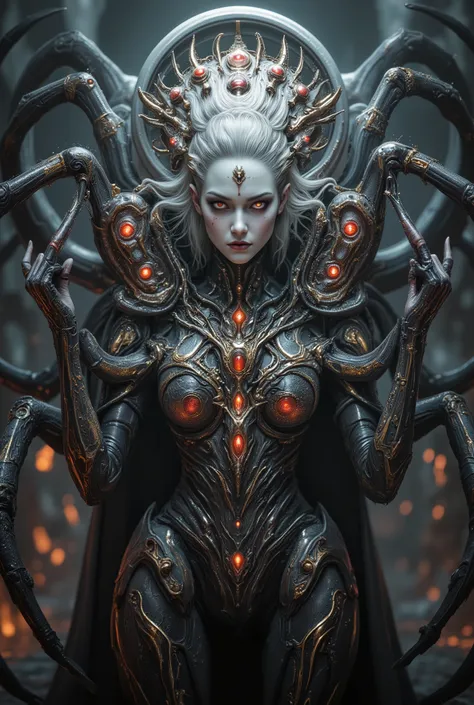 "realistic spider queen, female humanoid upper body fused with monstrous spider legs, dark chitin armor, bioluminescent red eyes, multiple eyes on forehead, pearl white and golden and crimson tones, highly detailed organic textures, sinister expression, fa...