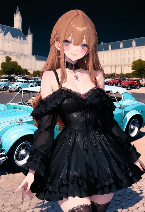 brown hair,shortcuts,unkempt hair,Short braided hair,Neat,スレンダー美people,correct attitude,small breasted,beautiful legs,The enchanting gray-blue eyes are shining like stars,Saggy Eyes,bright color,beautiful eyes,A delicate smile,cowboy shot、gothic parade、(((...