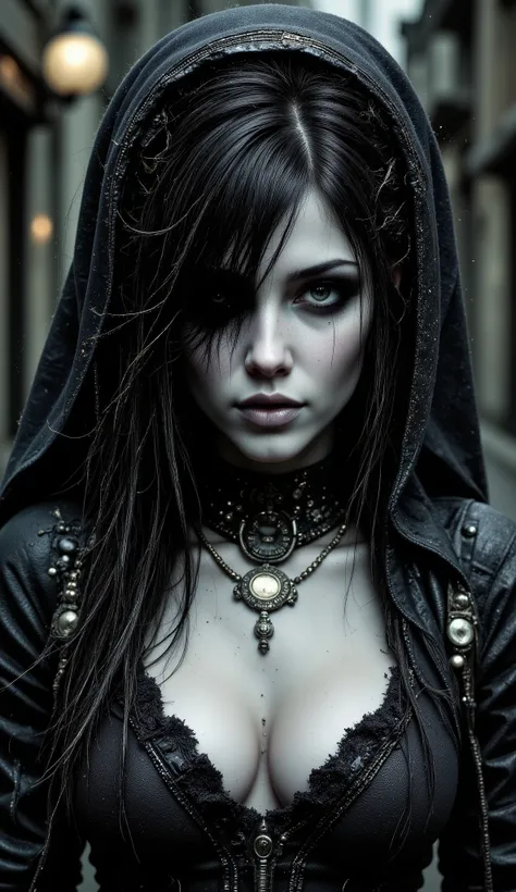 masterpiece. full-hd. masterpiece, best quality, ultra-detailed, cinematic lighting, shadows,
Solo, black hair, black eyes, hair covering one eye, puffy lips,black dress, front view, slight smile, The Crow style makeup, pale white face like corpse, heavy...