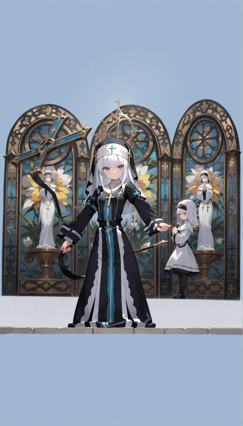 (masterpiece, best quality:1.2), looking at viewer, own hands together, nun hood, nun outfit, cross necklace, church 1girl, Albino, white hair, blue eyes, 