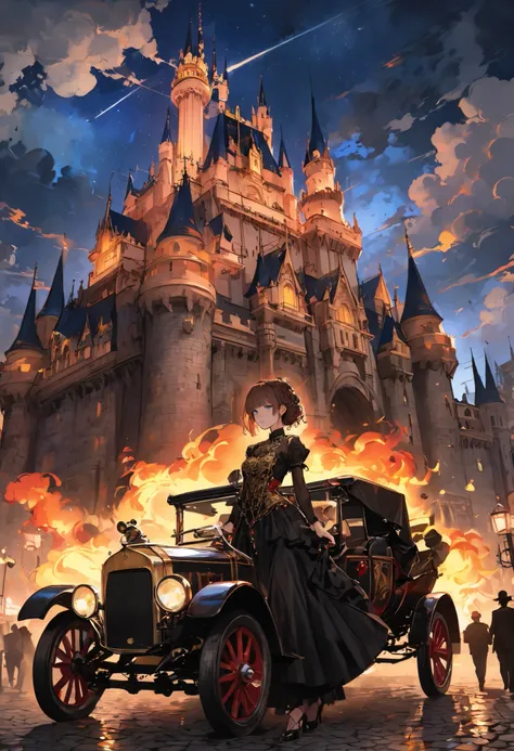 brown hair，shortcuts，unkempt hair，Short braided hair，Neat，スレンダー美people，correct attitude，small breasted，beautiful legs，The enchanting gray-blue eyes are shining like stars，Saggy Eyes，bright color,beautiful eyes,A delicate smile,cowboy shot、gothic parade、(((...