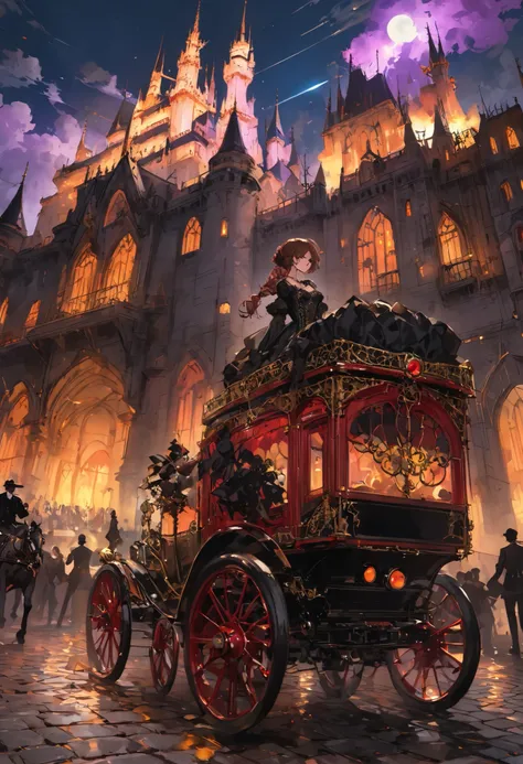 brown hair，shortcuts，unkempt hair，Short braided hair，Neat，スレンダー美people，correct attitude，small breasted，beautiful legs，The enchanting gray-blue eyes are shining like stars，Saggy Eyes，bright color,beautiful eyes,A delicate smile,cowboy shot、gothic parade、(((...