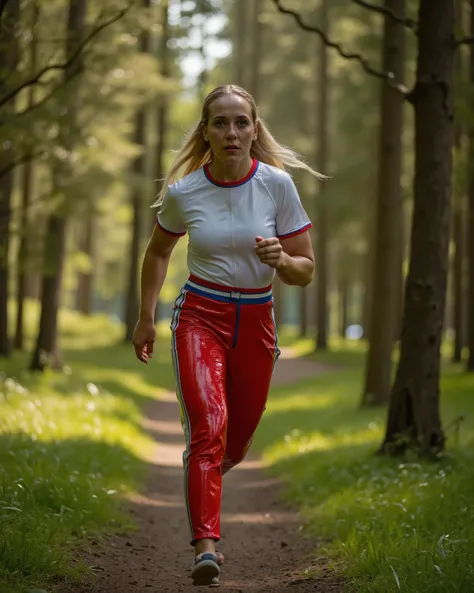 a 40 year old black woman that is tall and thin with long blond hair wearing red and blue striped latex pants, wearing a white tshirt, running in a forest, wearing a pradarctrans2003 that has red trim translucent vinyl, the woman is sweating heavily on a s...