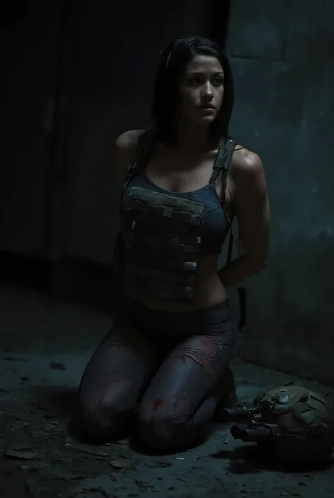 a beautiful woman Shannon Elizabeth, gorgeous, hourglass shaped body, wearing a tactical multicam plate carrier and skin tight sexy tactical leggings, leggings and plate carrier are tattered and torn realistically after heavy combat use, she is bloody in s...