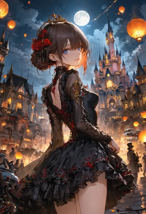 brown hair，shortcuts，unkempt hair，Short braided hair，Neat，スレンダー美people，correct attitude，small breasted，beautiful legs，The enchanting gray-blue eyes are shining like stars，Saggy Eyes，bright color,beautiful eyes,A delicate smile,cowboy shot、meteor、空から降り注ぐmet...