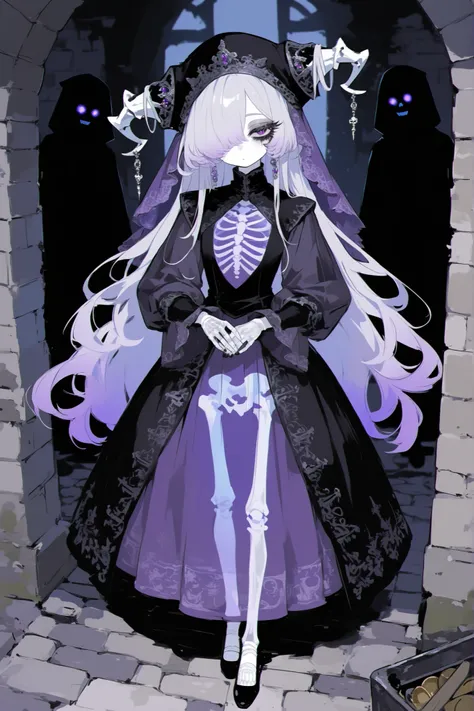 (0__11Xx_illu,duobaan,) The undead medival princes. (She has a transparent skin, the silhouette of her skeletal bones can be see through.) She has a shorty flat-chested body shape. She has ghostly pale skin and bruises under her eyes. She has tired big bla...