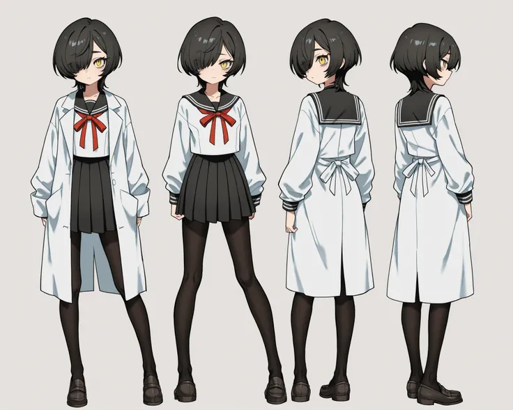 single girl。hair over left eye、yellow eyes、dark haired、The hairstyle is unkempt 、short wolf cut hair、yellow eyes、Saggy Eyes、long eyelashes and lower lashes、under the eyes、panic、Seems bearish、is messy、troubled eyebrows、best quality、I put an unknown man's co...