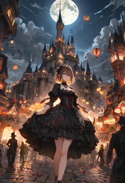 brown hair，shortcuts，unkempt hair，Short braided hair，Neat，スレンダー美people，correct attitude，small breasted，beautiful legs，The enchanting gray-blue eyes are shining like stars，Saggy Eyes，bright color,beautiful eyes,A delicate smile,cowboy shot、meteor、空から降り注ぐmet...